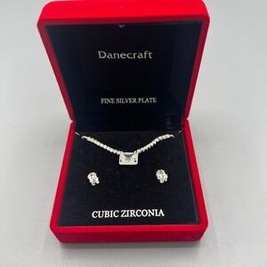 Danecraft Cubic Zirconia Fine Silver Plated Necklace & Earrings Set NIB Gorgeous